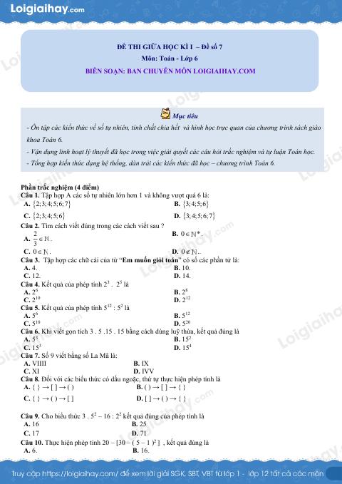 Đề thi giữa kì 1 Toán 6 - Đề số 7
